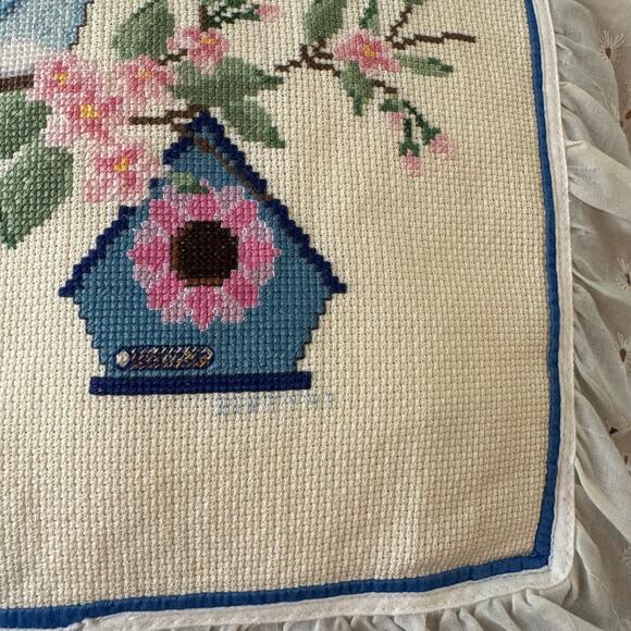 Vintage Bluebird Birdhouse Cross Stitch Pillow Eyelet Lace Ruffle Cottage Core - Picture 11 of 11